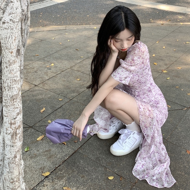 Đầm Maxi Tay Ngắn Hoạ Tiết Hoa Thiết Kế Xẻ Quyến Rũ