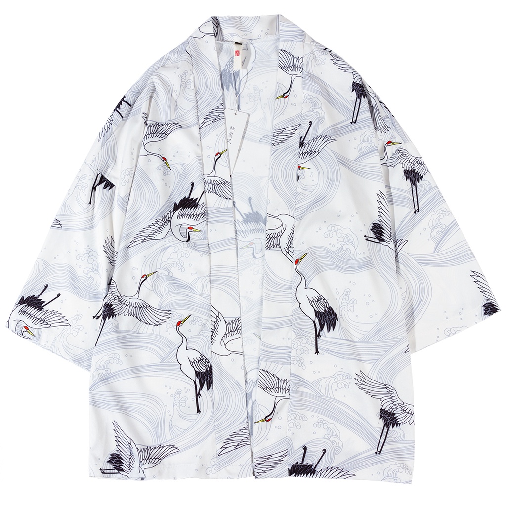 Áo Khoác Cardigan Tay Lỡ Họa Tiết Chim Hạc Phong Cách Nhật Bản