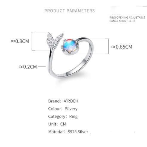 Nhẫn nữ hở freesize bạc Ý s925 đuôi cá cá xanh J5640- AROCH Jewelry