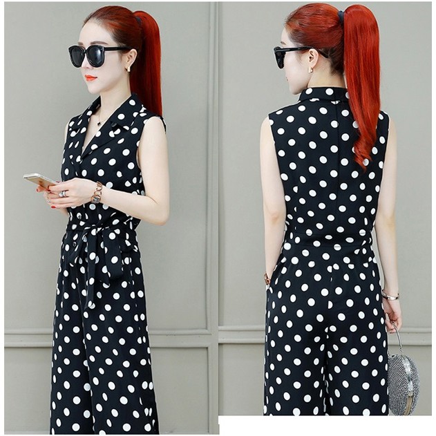 Đồ Bay Đẹp 🌸FREESHIP🌸 Jumpsuit dài chấm bi ống suông cổ sơ mi thắt nơ eo TJ1004