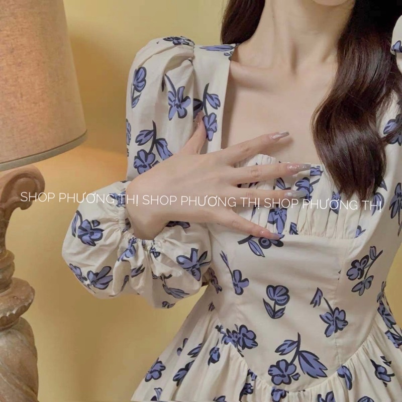 Váy hoa nhí cổ vuông tay bồng hoạ tiết bông hoa xanh ulzzang (hàng sẵn) | BigBuy360 - bigbuy360.vn