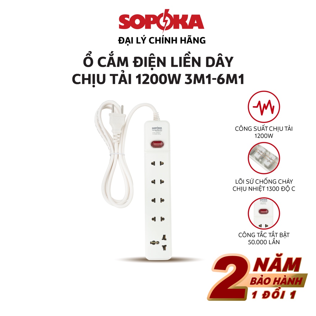 Ổ cắm điện đa năng liền dây Sopoka chịu tải 1200W 3M1 6M1 chống va đập, chịu nhiệt, có công tắc an toàn
