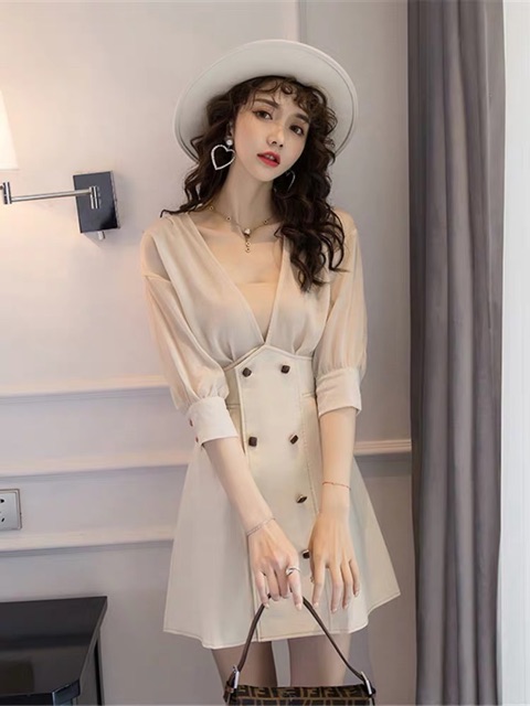 M-4XL Đầm dự tiệc cổ V phối cúc sang chảnh