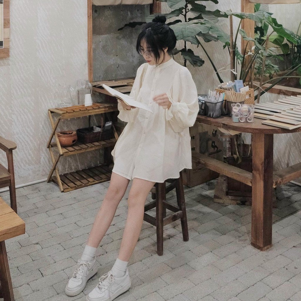 Áo sơ mi kiểu nữ Ulzzang, Áo sơ mi tay bèo phối khuy dáng rộng tiểu thư xinh xắn
