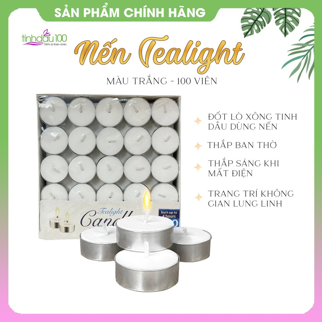 Nến tealight trắng 100 viên, xông đốt đèn tinh dầu, đủ 4 tiếng, không mùi, không khói, không muội đen Tinh Dầu 100 Shop