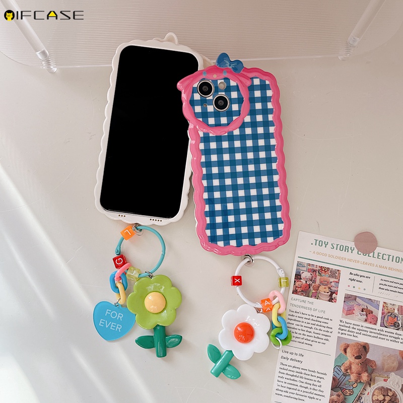 Ốp Điện Thoại Dẻo Họa Tiết Hoạt Hình Hoa / Nơ / Sọc Caro Kèm Vòng Tay & Dây Đeo Cho iPhone 13 12 11 Pro Max