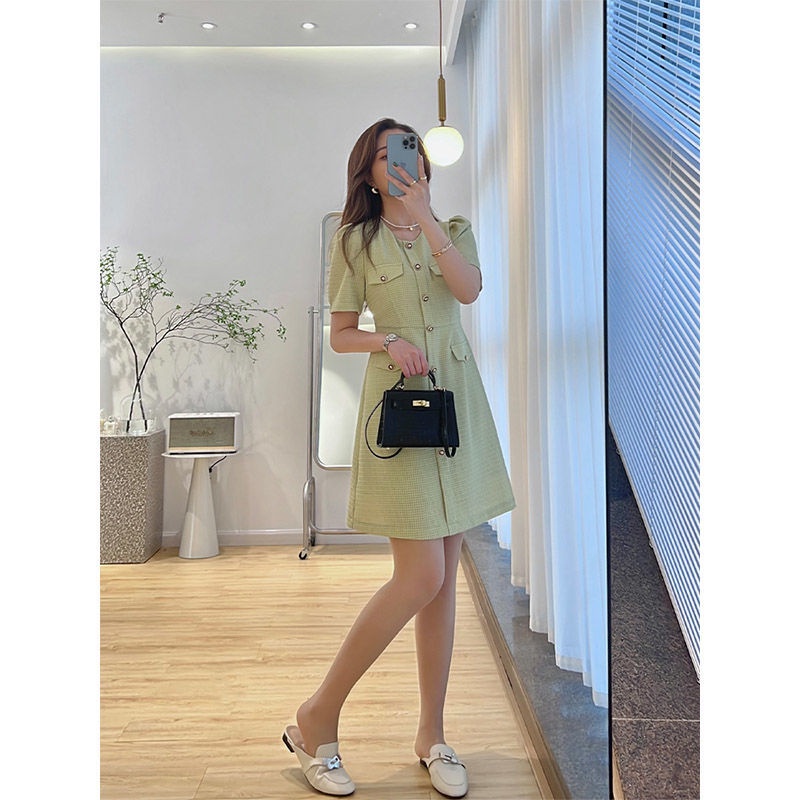 Mori A-letter small fragrant dress 2022 dress women's summer new high-end green French skirt to cover their bellies