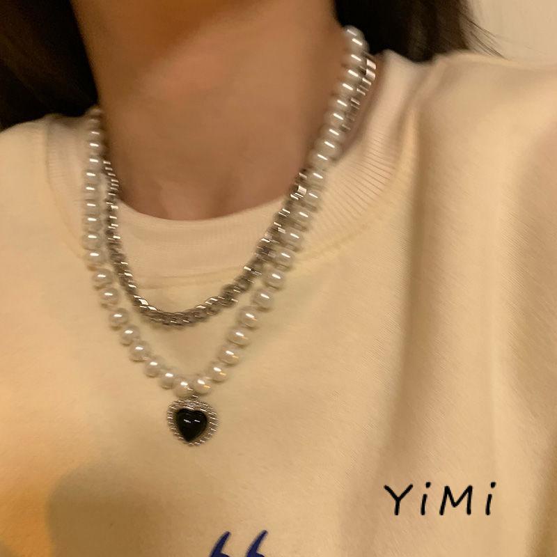 Thời trang Hàn Quốc Vòng cổ ngọc trai tim đen hai lớp Hip Hop