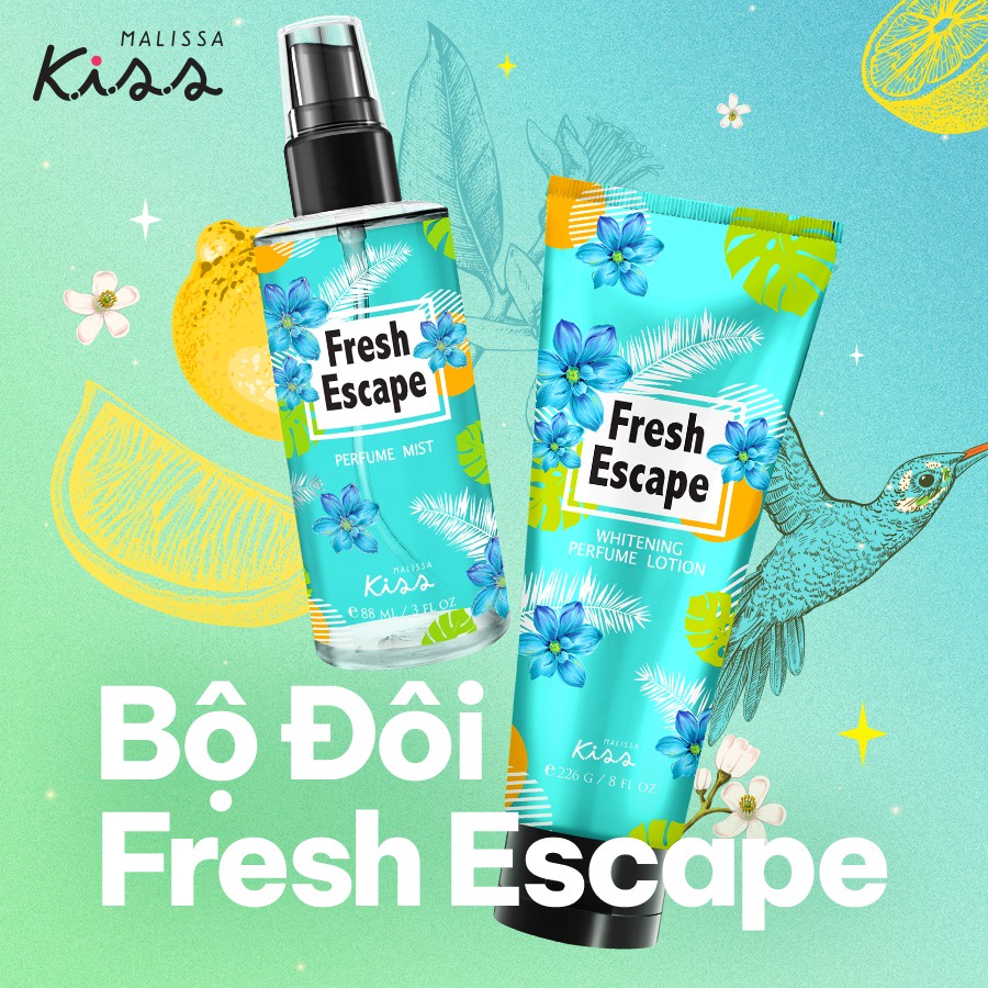 Bộ Đôi Body Lotion 226g &amp; Body Mist 88ml hương Fresh Escape Malissa Kiss