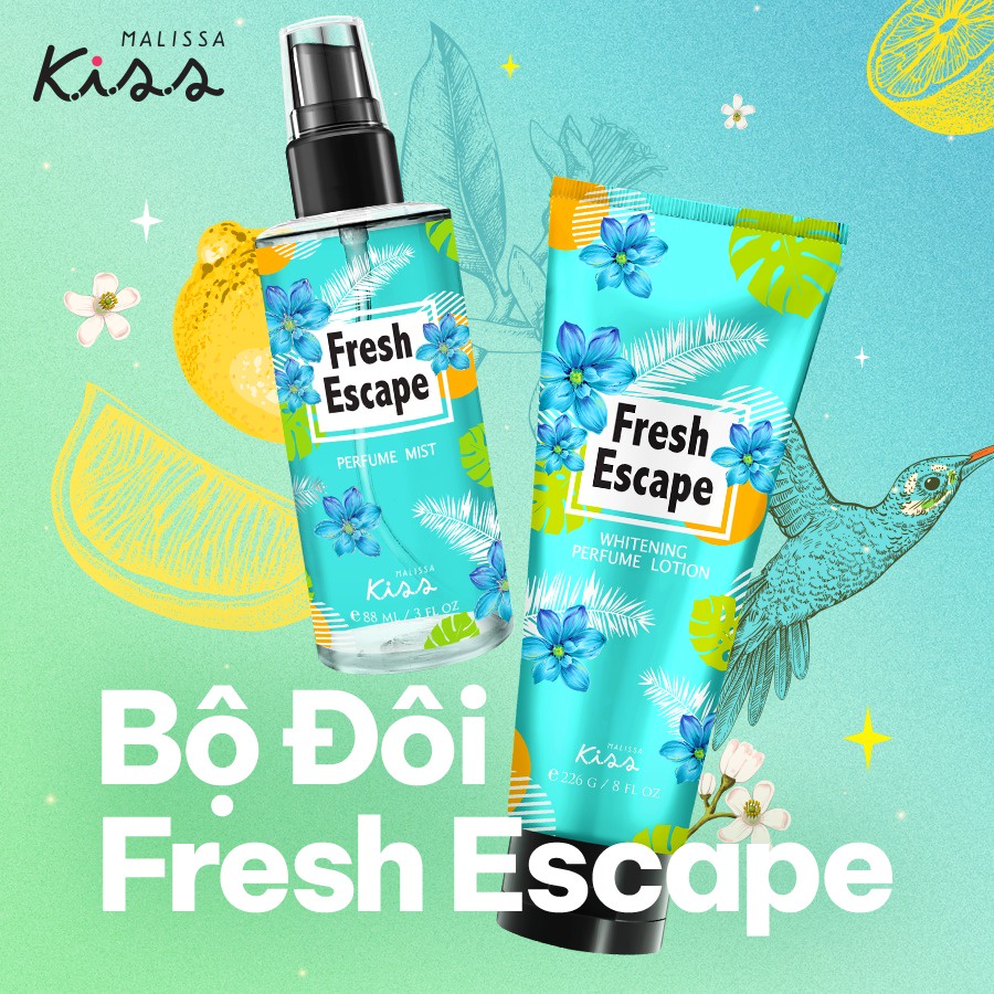 [Mã FMCGMALL -8% đơn 250K] Bộ Đôi Hoàn Hảo Malissa Kiss Body Lotion &amp; Body Mist hương Fresh Escape 226G