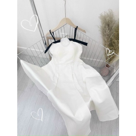 Váy đầm xòe 2 dây phối ren cổ cài bông ngực mẫu có mút ngực kèm phụ kiện phong cách tiểu thư thời trang hè cho nữ