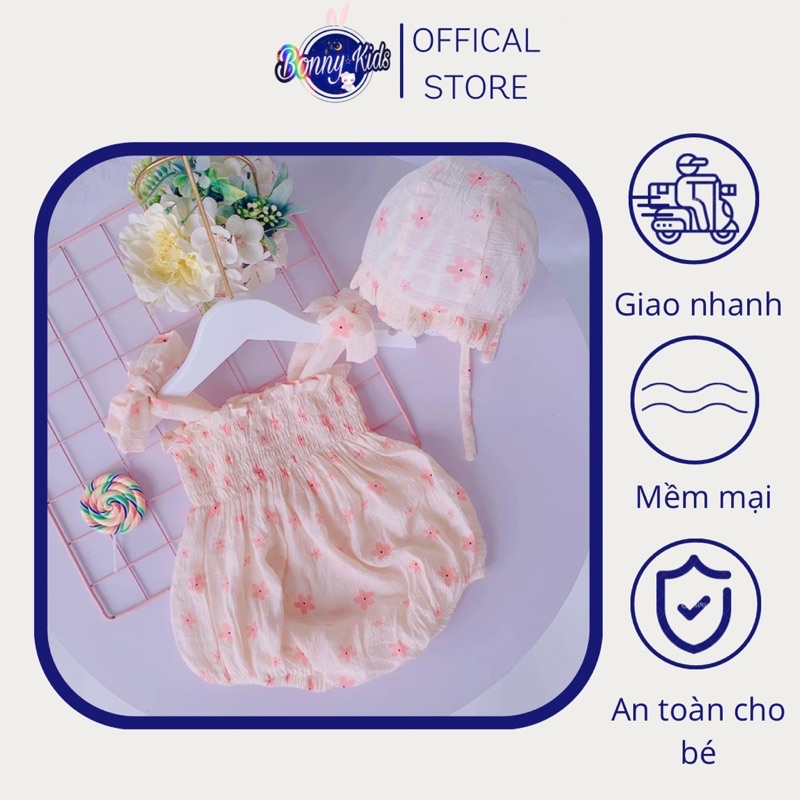 Bodysuit Bé Gái Hai Dây Buộc Chất Tơ Đũi Kèm Mũ, Set Đồ Sơ Sinh Đầy Tháng
