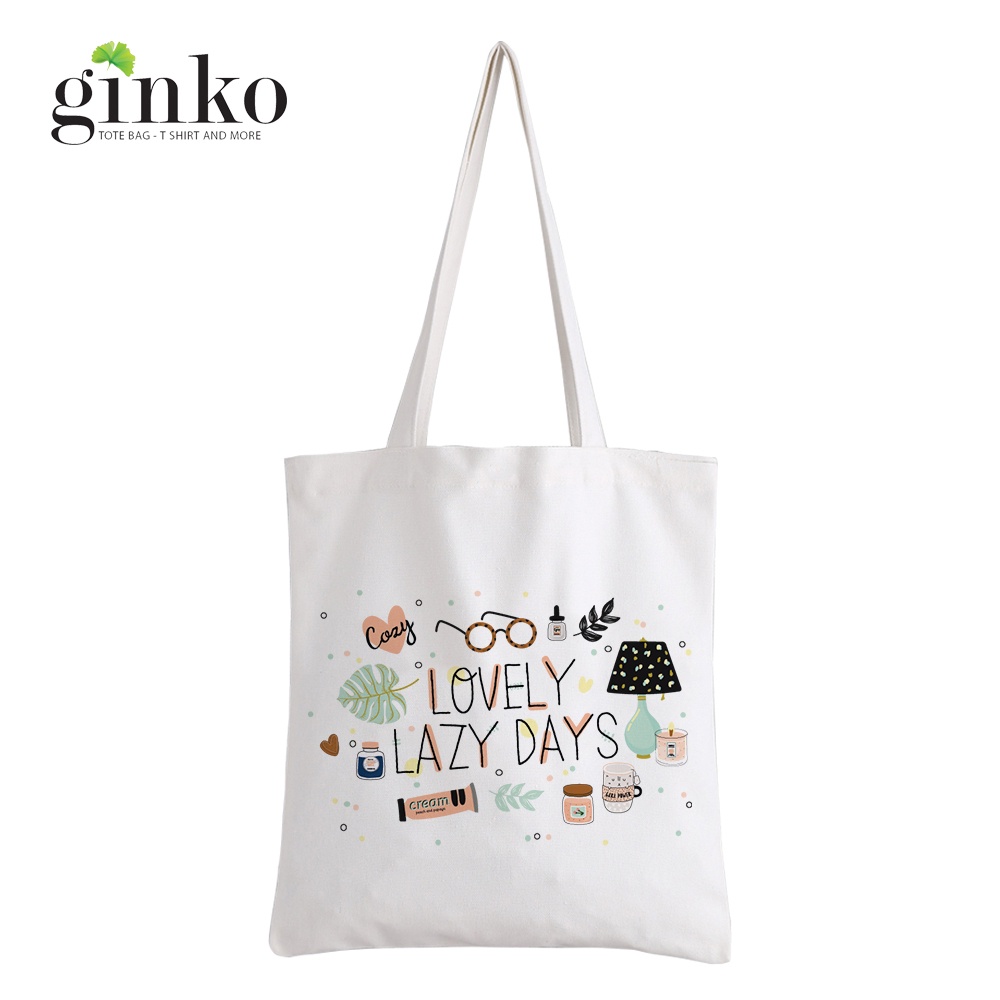 Túi Vải Tote GINKO Kiểu Basic có dây kéo khóa (có túi con bên trong) In Hình love lazy day G179