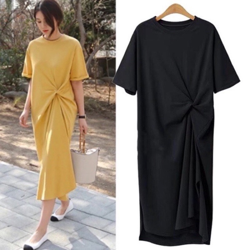 Đầm suông-váy xoắn eo cổ tròn dáng suông xẻ đùi chất cotton mát