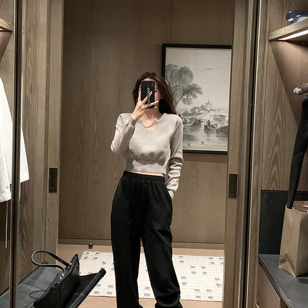 QADCOL Áo dệt kim dài tay dáng ôm phối dây xích thời trang sành điệu dành cho nữ