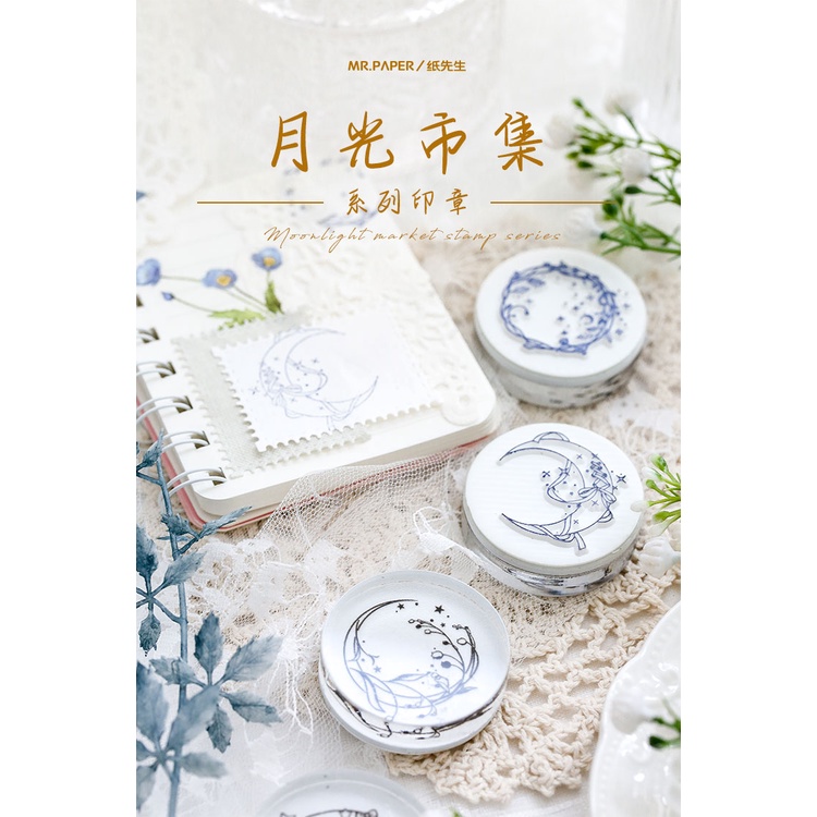 Con dấu gỗ 4 thiết kế hình mặt trăng dùng trang trí sổ tay diy