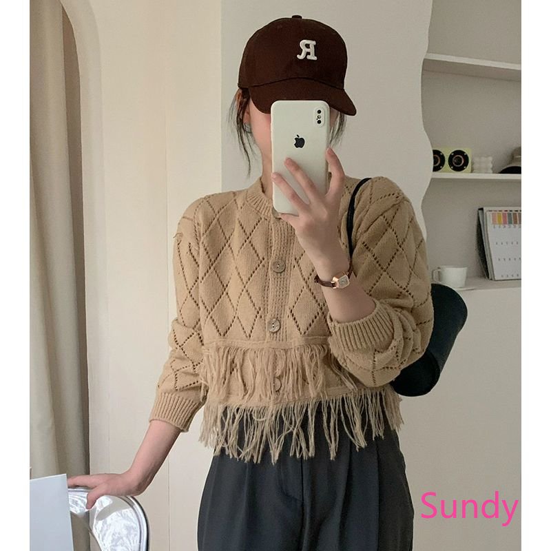 Áo Khoác Cardigan Dệt Kim Họa Tiết Kim Cương Phối Tua Rua Thời Trang Mùa Thu Cho Nữ