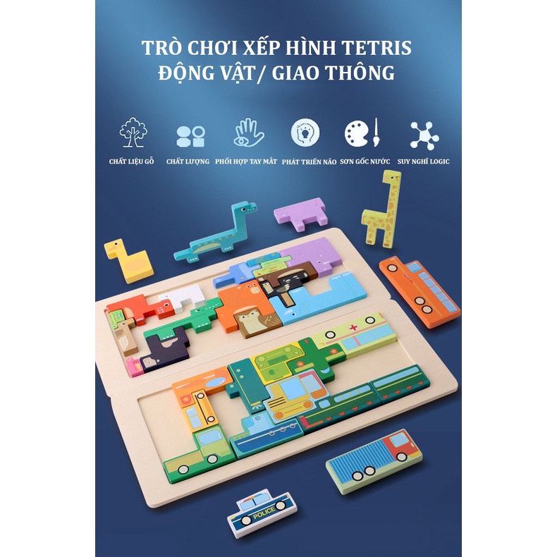 Bộ Đồ Chơi Xếp Hình Khối Bằng Gỗ Theo Chủ Đề Động Vật Và Giao Thông