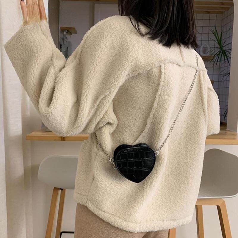Túi đeo chéo da PU hình trái tim nhỏ phối dây đeo sợi xích thời trang cho nữ