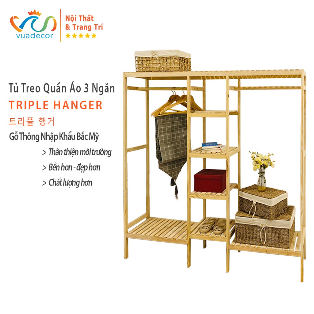 Tủ treo quần áo 3 ngăn VUADECOR phong cách Hàn Quốc gỗ thông tự nhiên