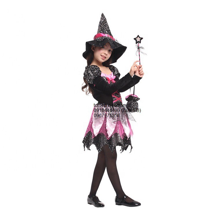 Hóa trang halloween váy đầm phù thủy kèm đủ phụ kiện kiểu tay dài họa tiết ánh sao