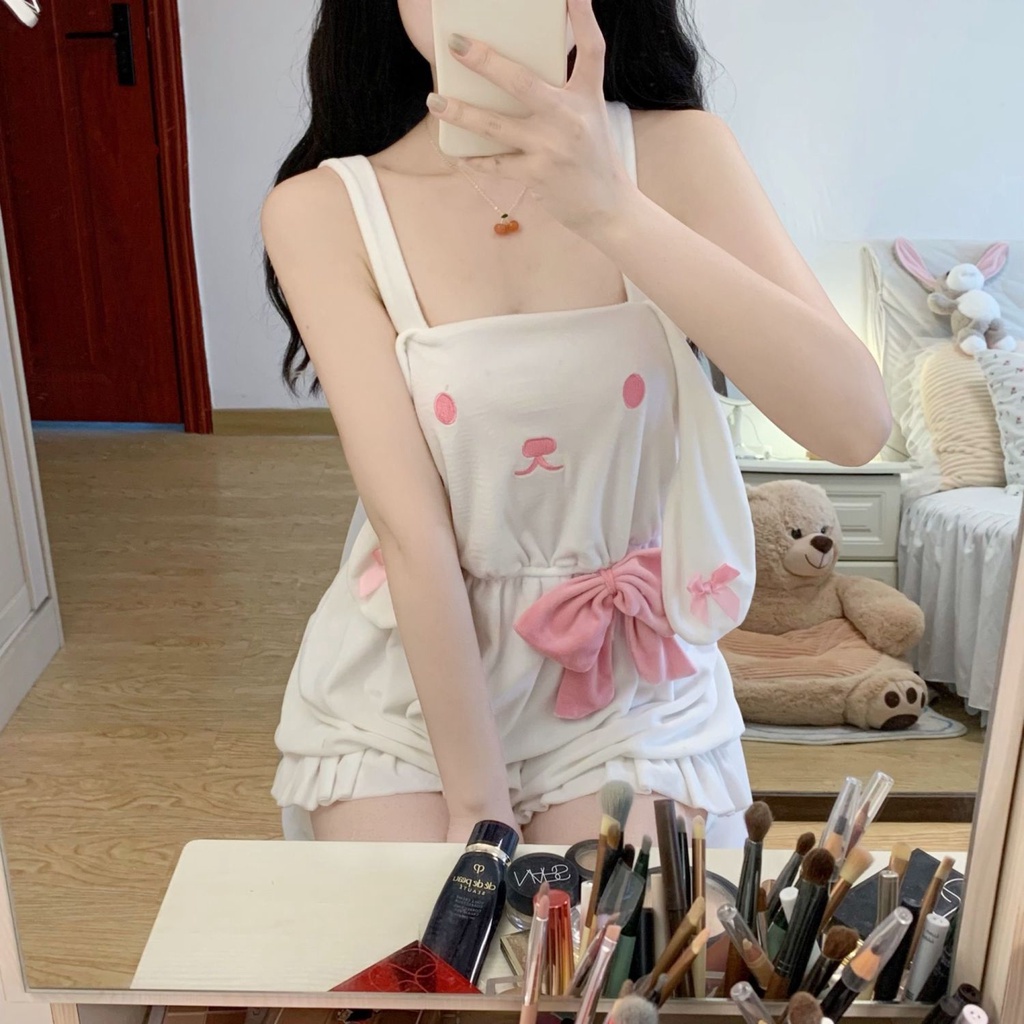 Bộ Đồ Ngủ Mềm Mại Hở Lưng Phối Dây Đan Chéo In Họa Tiết Thỏ Phong Cách Quyến Rũ Cho Nữ