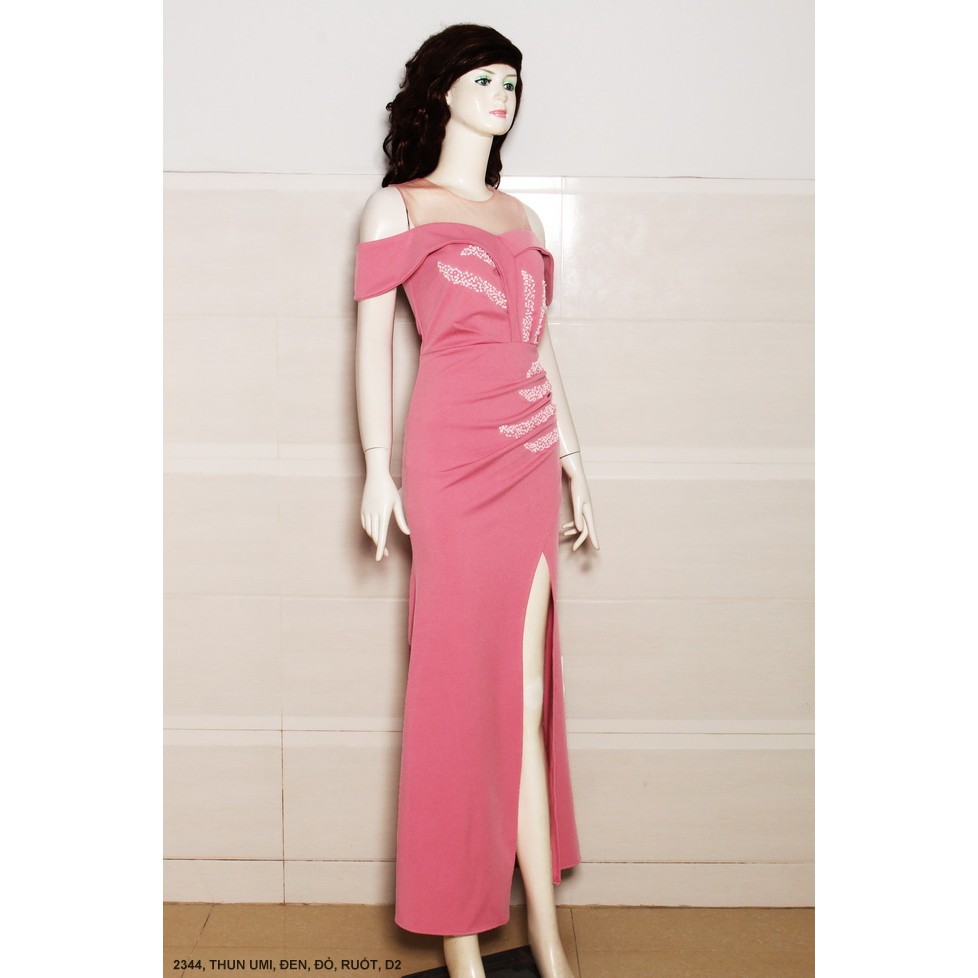 Đầm váy dạ hội bẹt vai xẻ đùi sang trọng 2344 (có hình chụp thật)