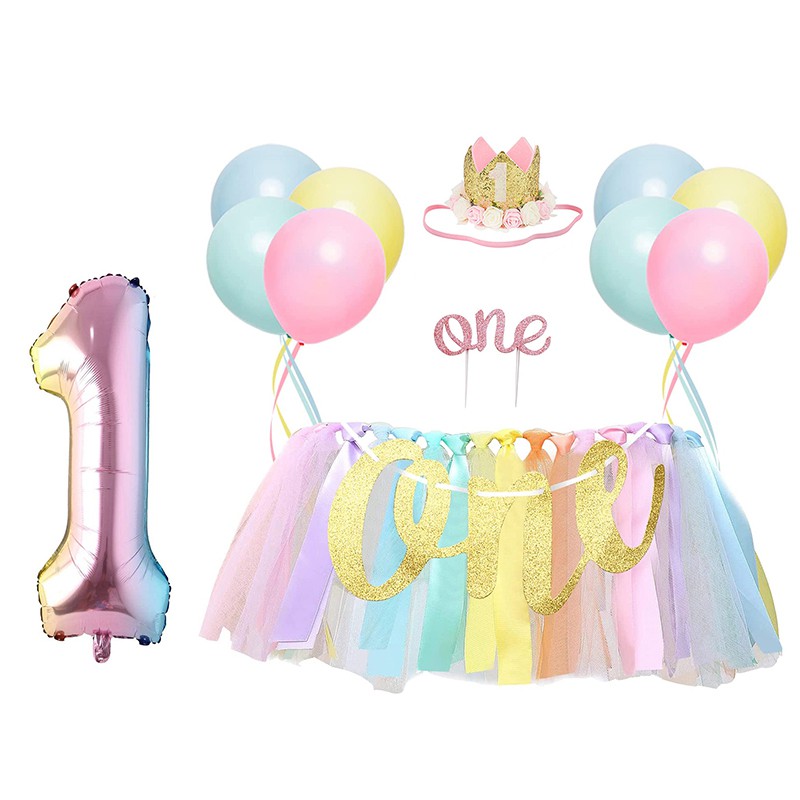 Sinh nhật cho bé Pastel Rainbow highchair tutu banner sinh nhật 1st bánh vương miện topper ballons v