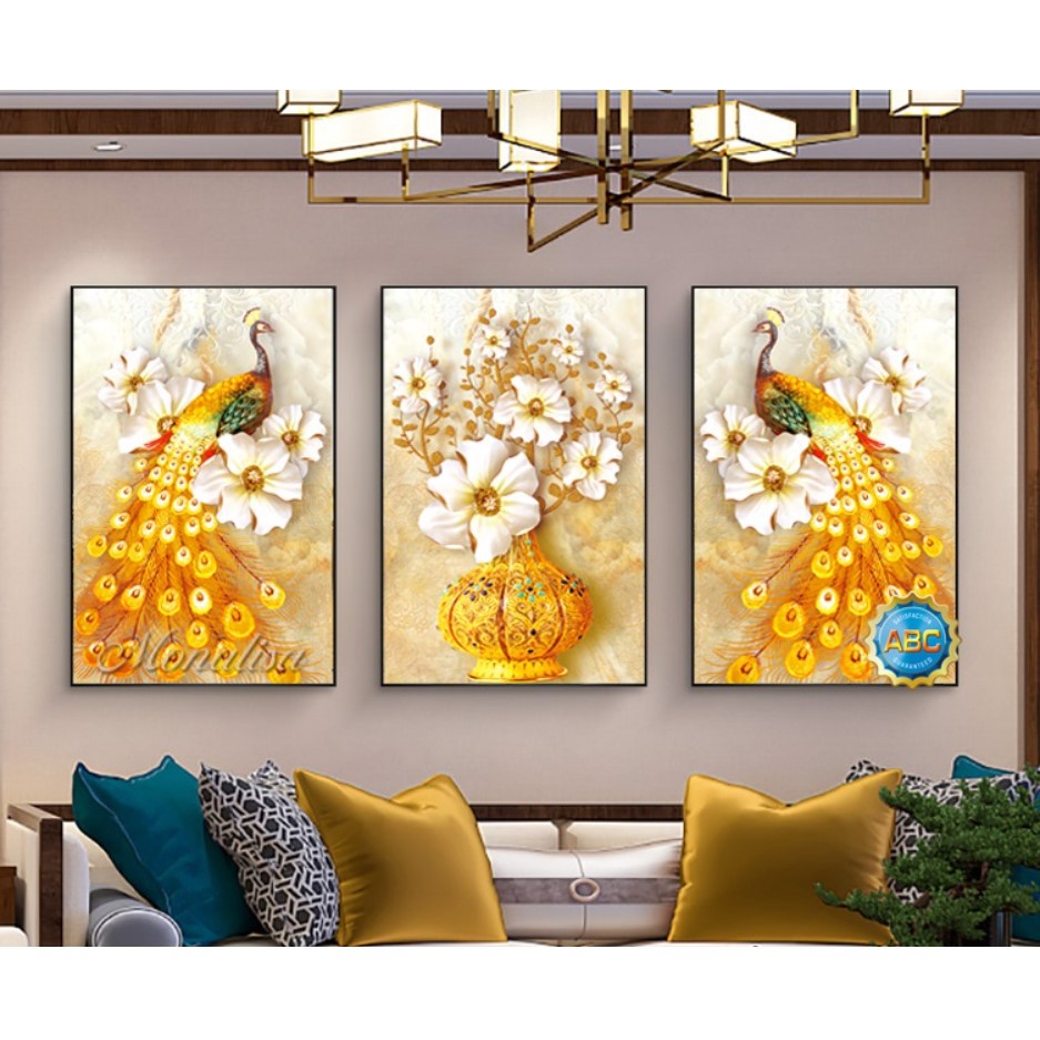 ( KHO SỈ) MẪU MỚI tranh đính đá , tranh thêu đá bộ công vàng 3 bức y8331 (160*80) MN0184 (160X80)