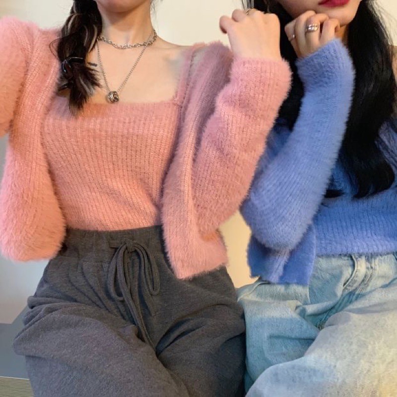 [SẴN ] Set áo lông 2 dây+áo khoác lông tay dài cực xinh 4 màu xanh/hồng/trắng/đen | BigBuy360 - bigbuy360.vn