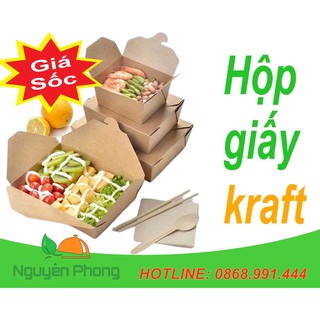 [Bán sỉ - Hoả tốc]50 Hộp giấy kraft nâu móc chéo đựng thức ăn như cơm văn phòng, salad, xôi, vịt quay, bún đậu