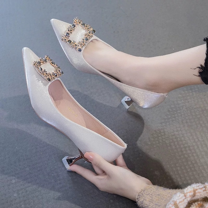 Giày Cao Gót Mũi Nhọn Cài Khóa Vuông Màu Sắc Nude Thời Trang Xuân Thu Dành Cho Nữ 2022