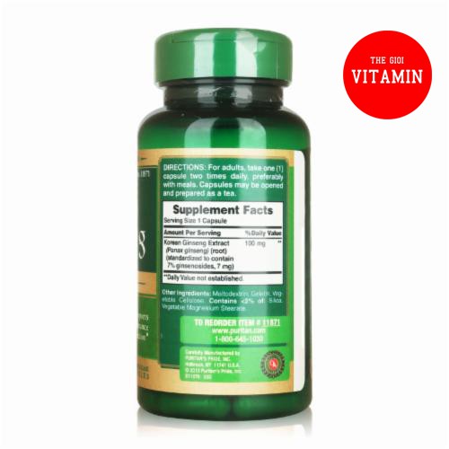 Nhân sâm Hàn Quốc Puritan's Pride Korean Ginseng Extract 100mg 60 viên