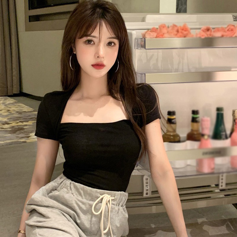 Áo Thun Ngắn Tay Cổ Vuông Màu Trơn Thời Trang Cho Nữ