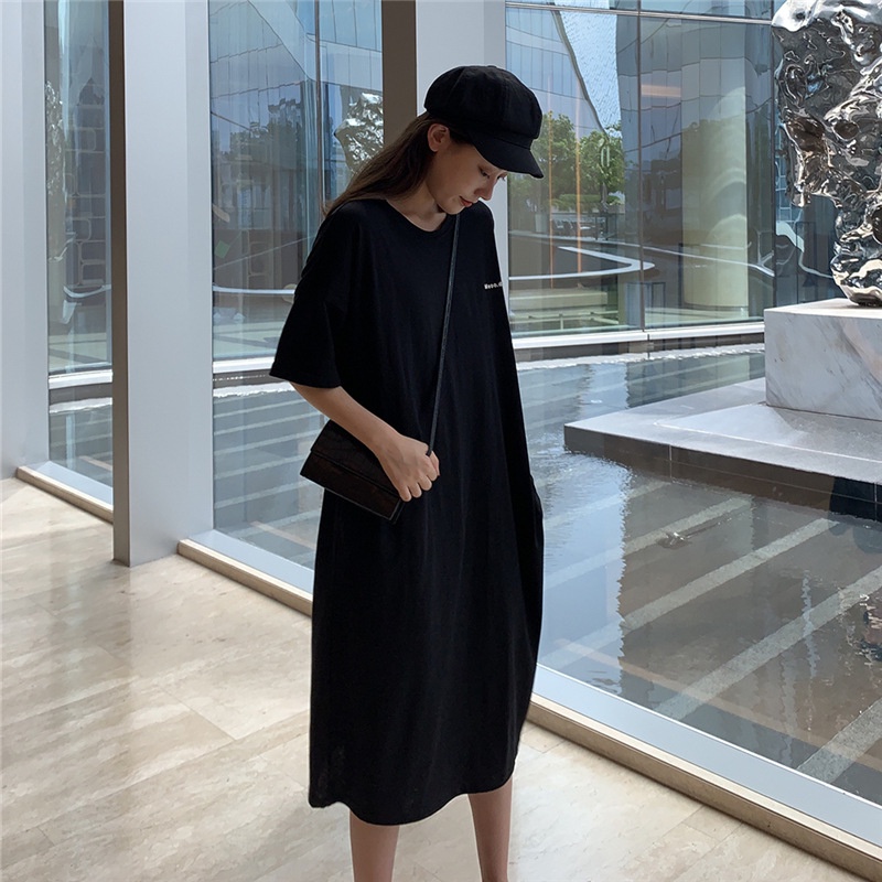 IELGY Đầm Thun Dài Mỏng Một Mảnh Dáng Rộng Phong Cách Hepburn Pháp Hàn Quốc