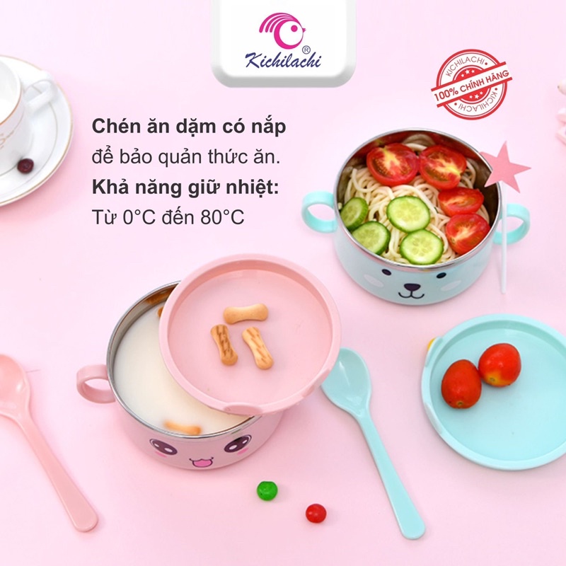 Bát Ăn Dặm M8866 Kichilachi 2 Lớp Chống Nóng , Bát Inox Cho Bé Giữ Nhiệt