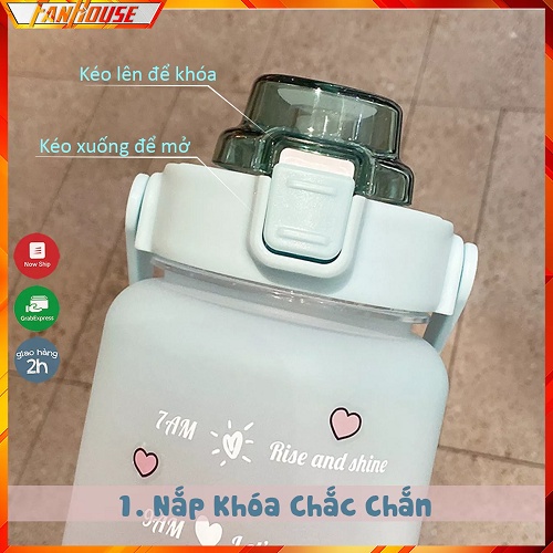 Bình nước 2 lít  có vạch chia nhắc giờ dành cho người lười uống nước, bình đựng nước thể thao 2L