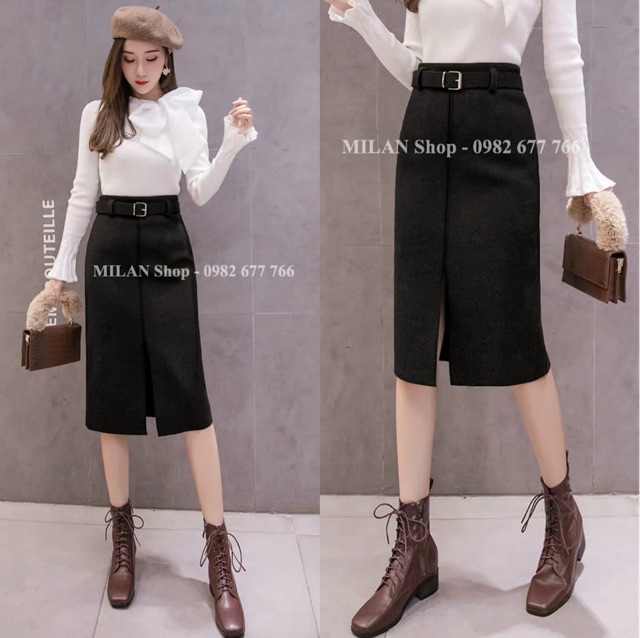 Chân váy dạ dài qua gối kèm đai trơn phom rộng | BigBuy360 - bigbuy360.vn