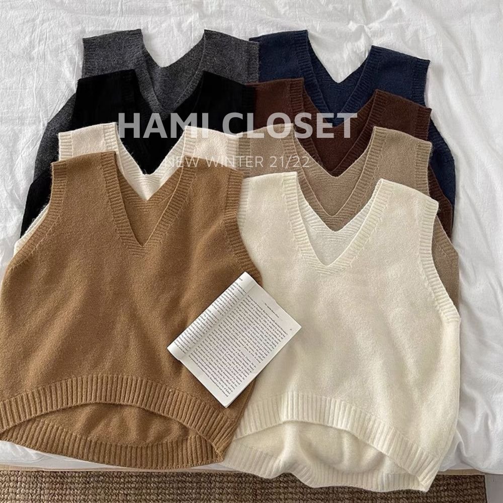 Áo gile len basic cổ V mềm mịn hàng quảng châu bảng màu Hàn quốc
