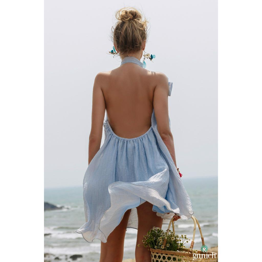 Đầm Váy Cổ Yếm Thắt Nơ Hở Lưng Mini Dress Mặc Đi Biển Gunich Cho Mùa Hè