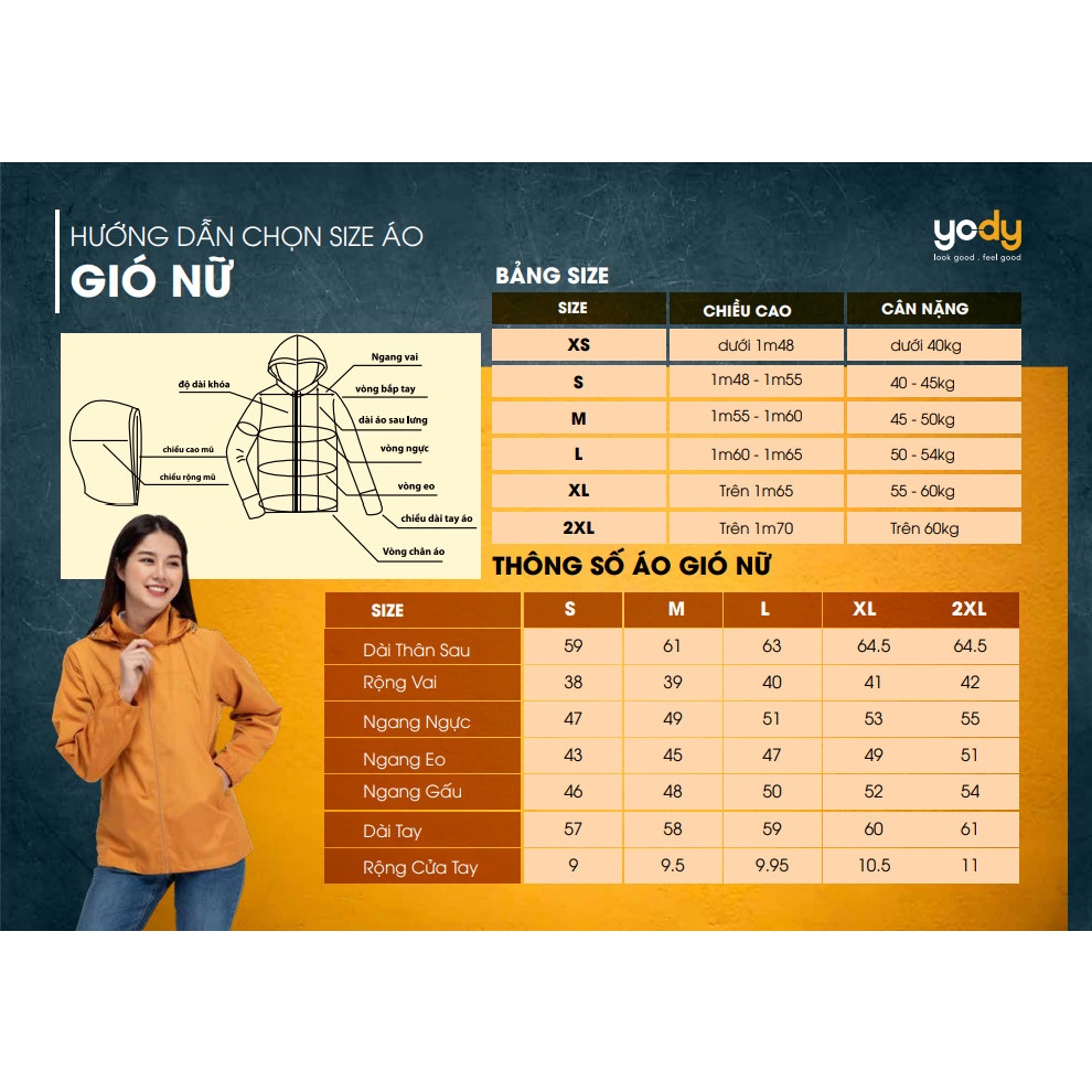 Áo gió nữ YODY 2 lớp ấm áp nhẹ cản gió cản bụi cản nước AKN4054