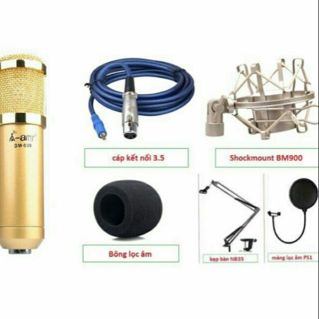 Mic thu âm livestream hát karaoke AMI BM900 chân kẹp mic màng lọc âm