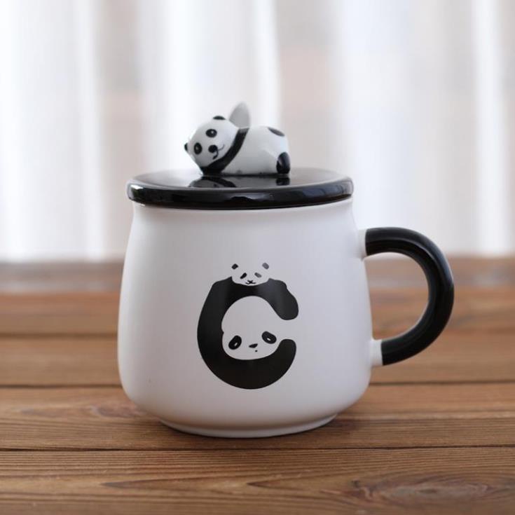 LY CỐC SỨ CẶP ĐÔI CÓ NẮP HÌNH GẤU PANDA CỰC NGỖ NGHĨNH 400ML KÈM THÌA XINH XẮN