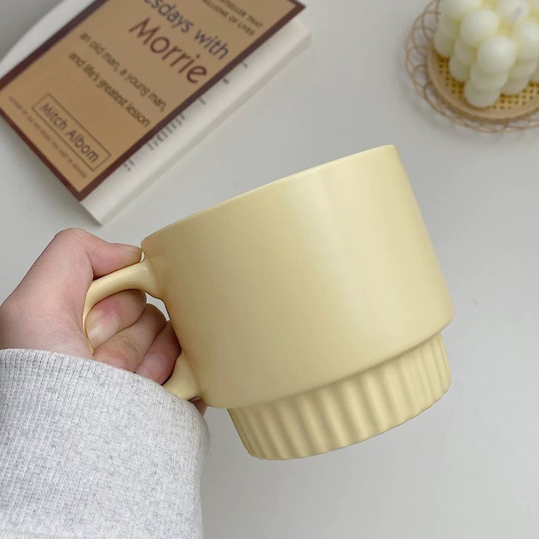 THANH LÍ Bộ đĩa gốm sứ + bát tô + cốc cà phê bữa sáng kiểu Hàn đơn giản màu vàng kem ấm cúng cao cấp - Minimal Breakfast