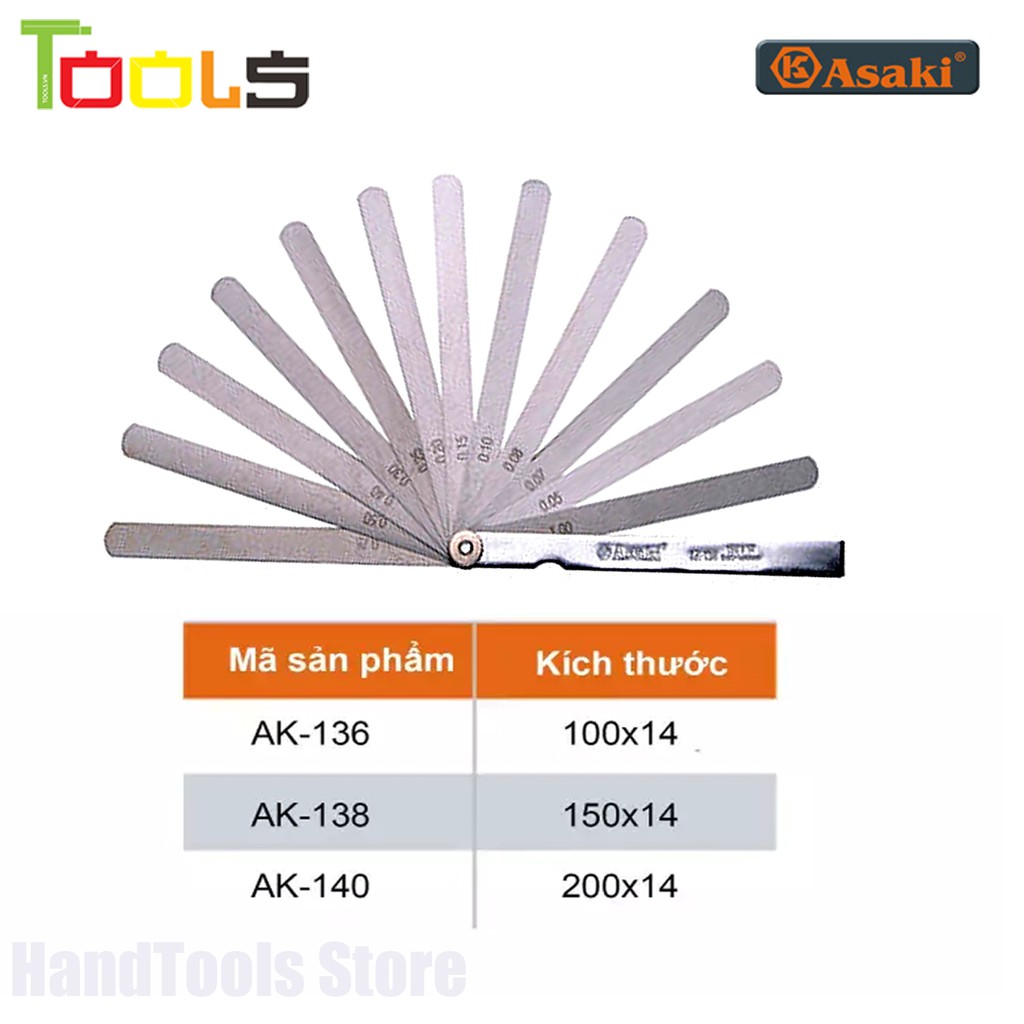 Thước căn lá, thước nhét, thước đo khe hở 14 lá 0.05-1.00mm Asaki