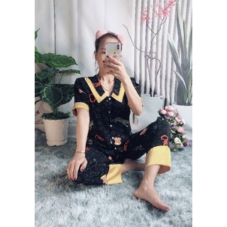 Bộ mặc nhà pizama tay ngắn quần dài vải lụa mango