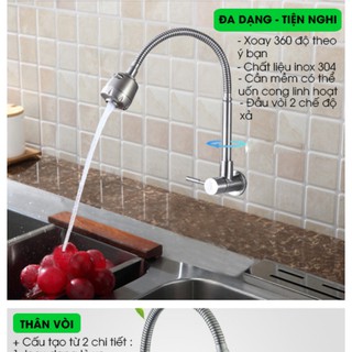 Vòi đơn lạnh, vòi chậu rửa bát inox 304 cần mềm hai chế độ nước