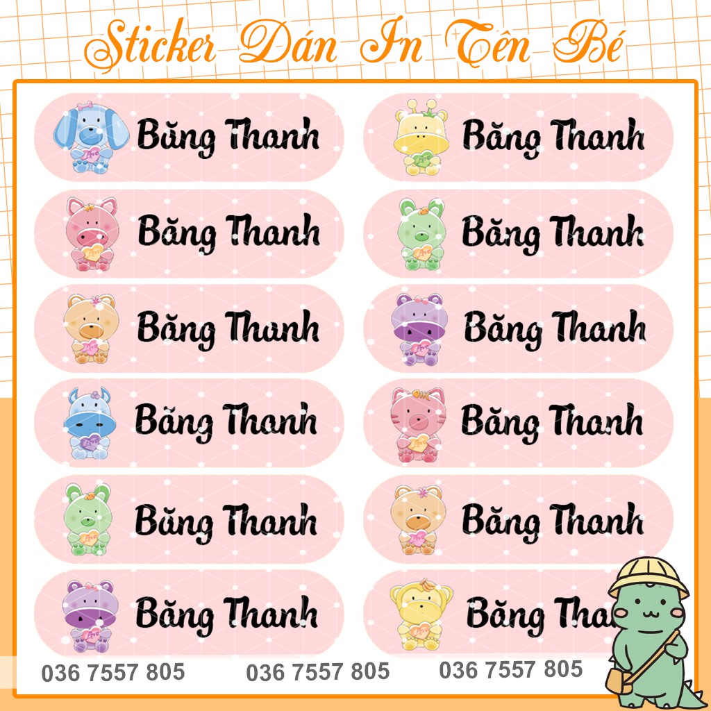 Nhãn Dán In Tên Bé - 96 nhãn dán - thiết kế theo yêu cầu - mẫu 12 hình - Tem dán - Sticker dán đồ dùng học tập cho bé