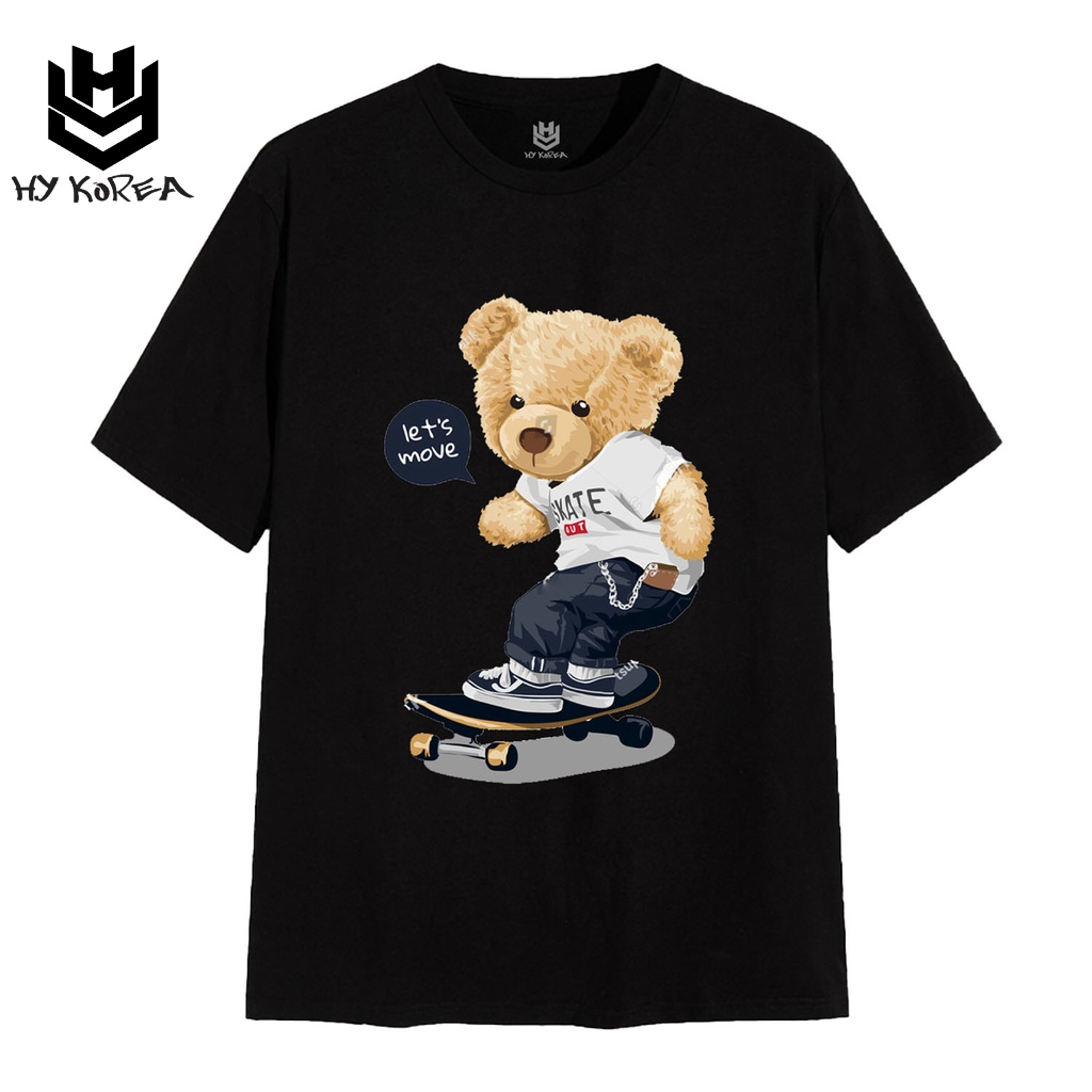 Áo Thun HY KOREA Gấu Let's Move 154 Form Rộng Tay Lỡ Vải Cotton 100% Dày Dặn Thấm Hút Mồ Hôi Thoáng Mát Mềm Mại