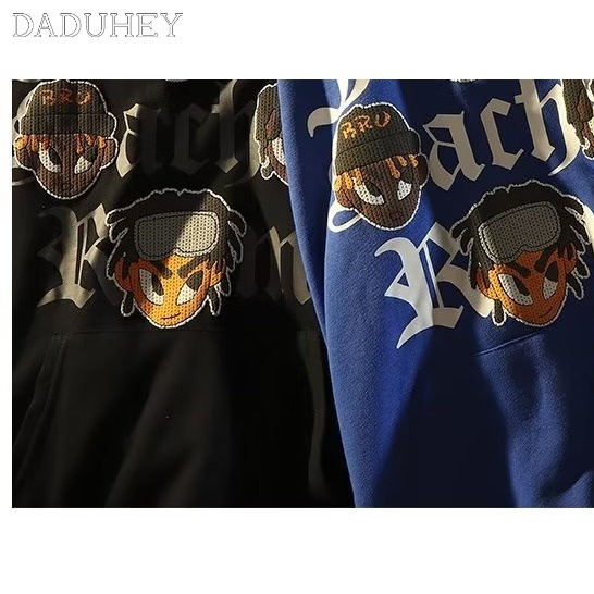 DaDuHey Men's American-Style Leisure Washed-out Vintage Distressed Printed Crew Neck Casual Hooded Sweater